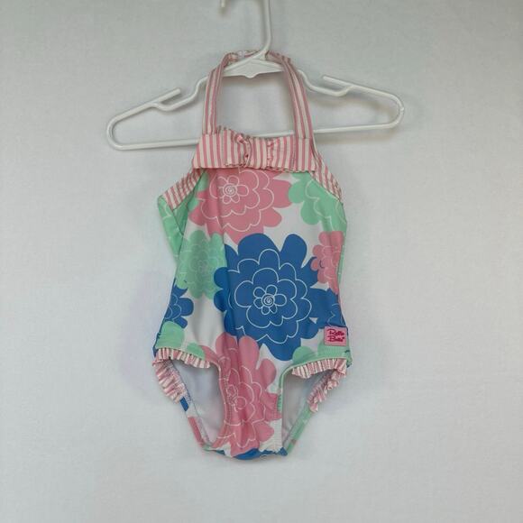 Ruffle Butts Baby Swimsuit 6-12m Floral Striped Halter Ruffle Trim Leg Openings - Picture 1 of 7